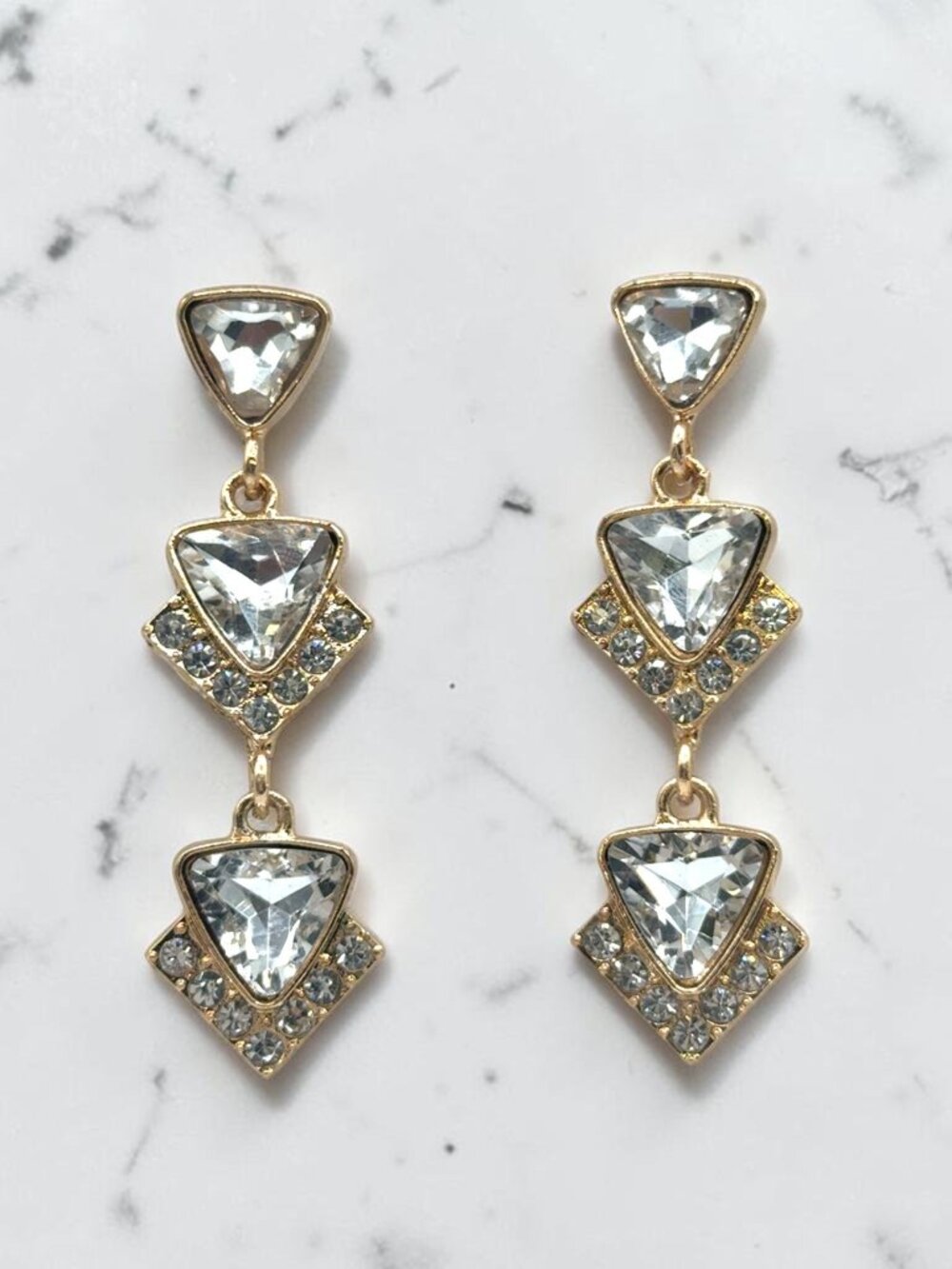 Gold-Tone Rhinestone Triangular Dangle Earrings - Picture 1 of 2